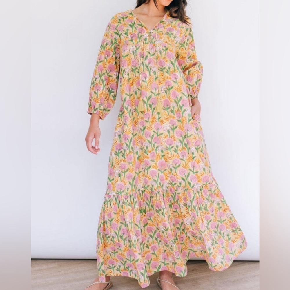 Pink & Yellow Floral Maxi Dress with Ruffle Hem